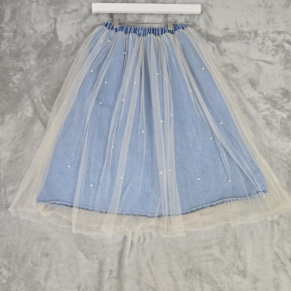 Denim Knee Skirt Sheer Mesh Pearl Overlay Small‎ Western Feminine Girly